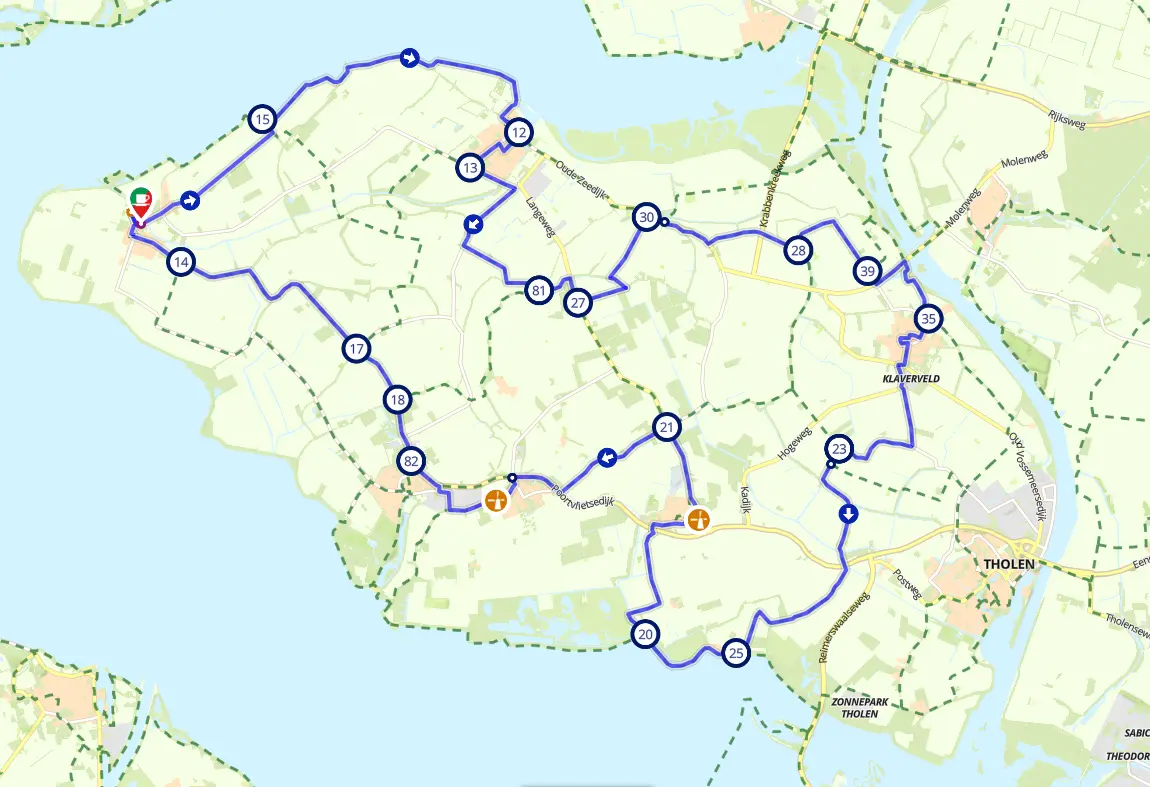 Kaart van de fietsroute langs de kust van Nationaal Park Oosterschelde