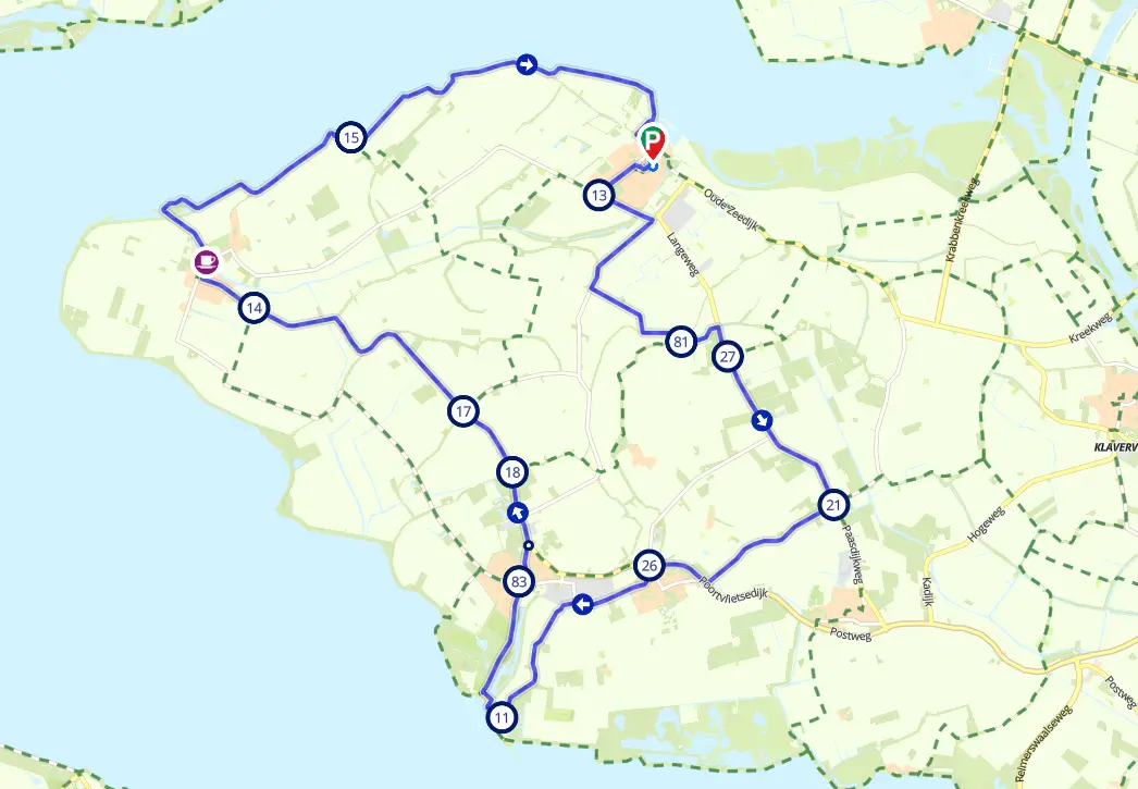 Kaart van de Oosterschelderoute over Tholen