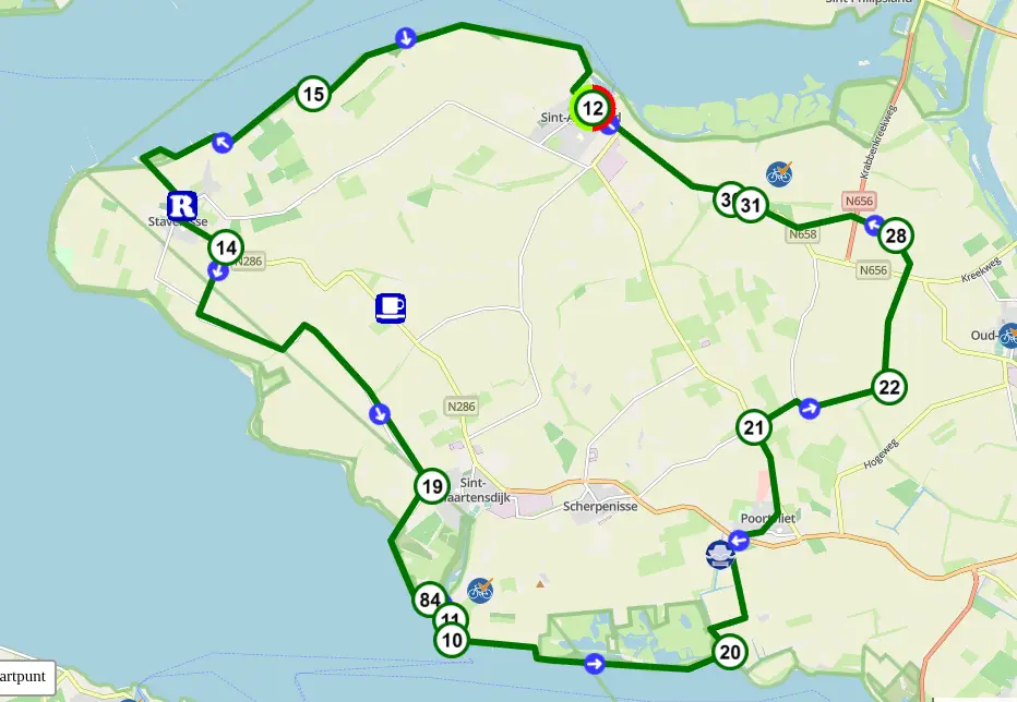 Kaart van het fietsrondje Stavenisse en Scherpenisse