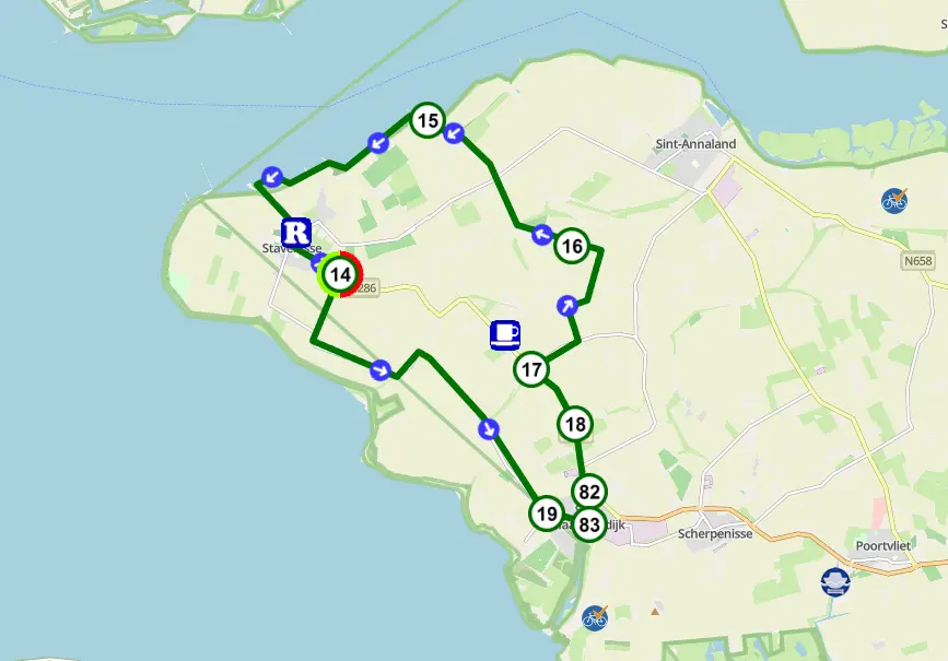Kaart van de fietsroute Stavenisse naar Sint-Maartensdijk