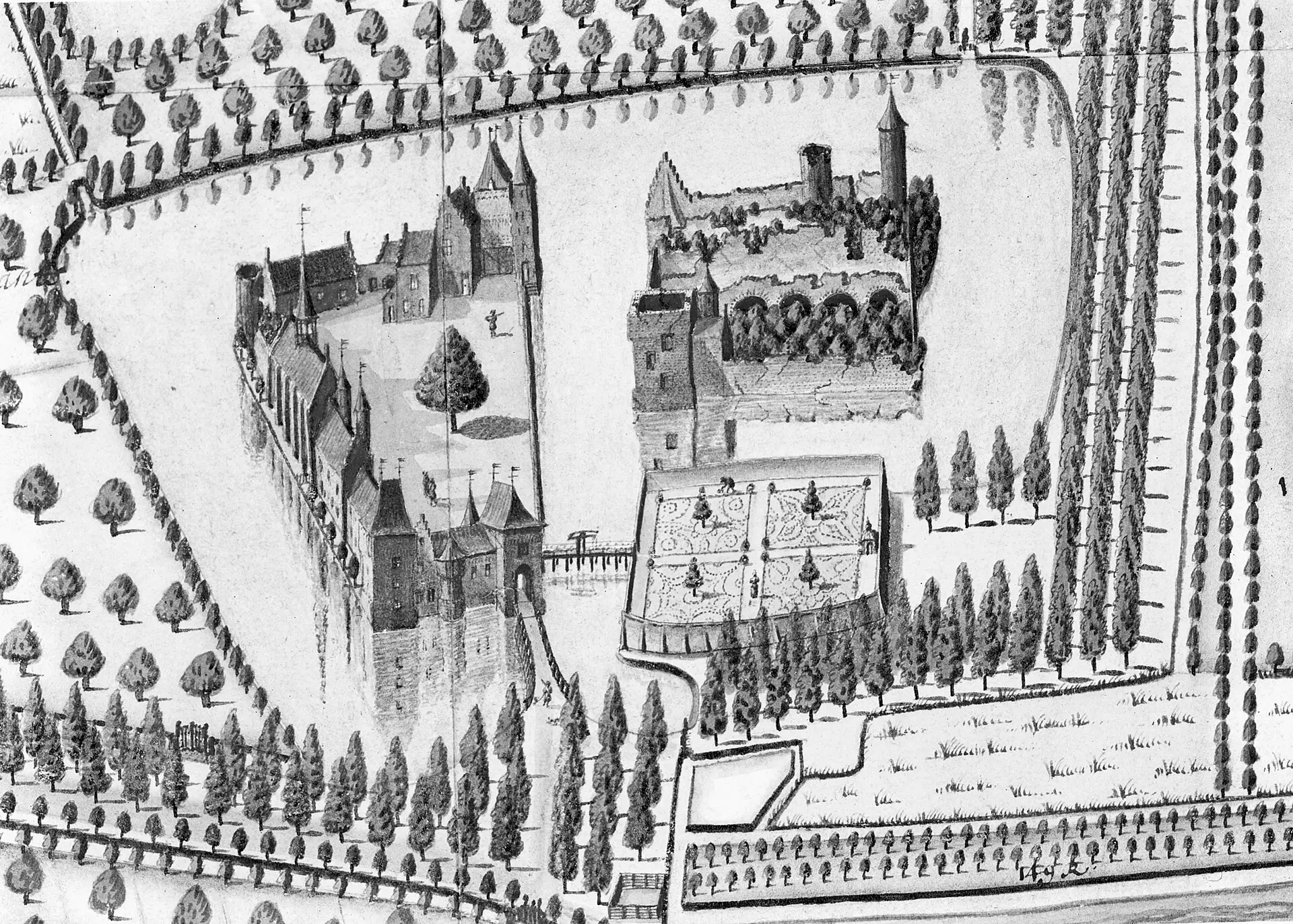 Historische tekening van het Kasteel van Sint-Maartensdijk