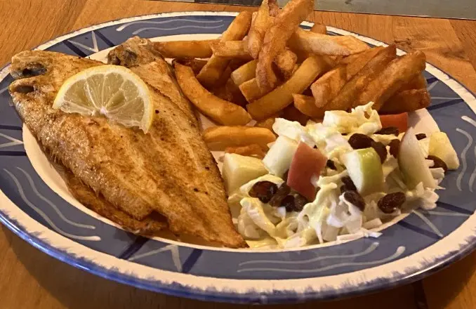 Foto van een vers visgerecht met friet en salade